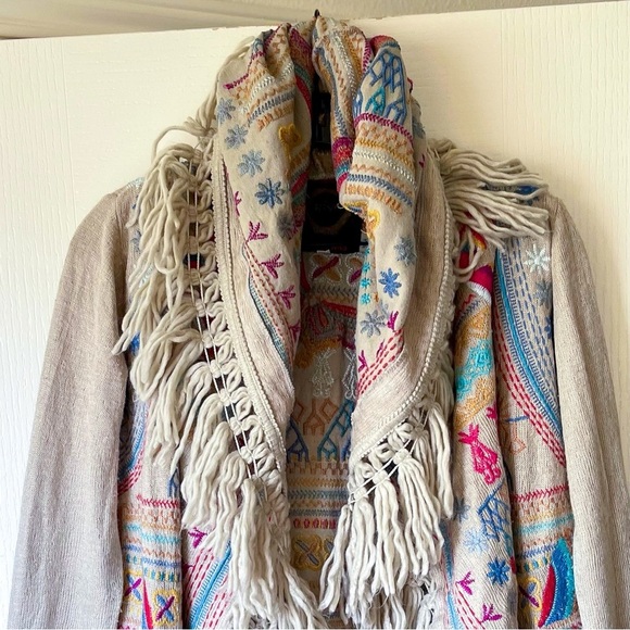 Johnny Was Cyrillus Embroidered Hooded Duster Coat Fringe Boho Truffle XS EUC - Picture 5 of 10